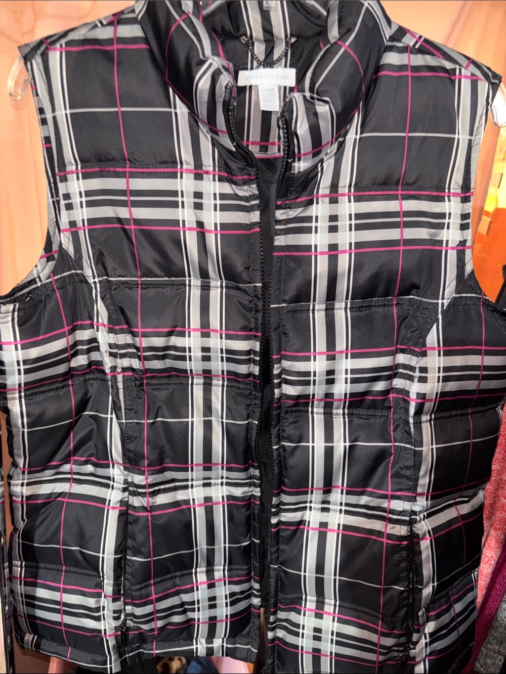 Women’s Charter Club Black Plaid Puffer Vest with Pink & Grey Accents- Sz L